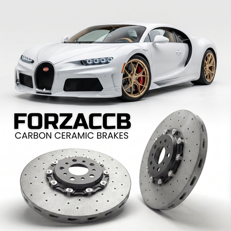 ForzaCCB direct OEM replacement carbon ceramic brake rotors for 2026 and newer Bugatti Tourbillon models, shown with a white Bugatti Tourbillon car.