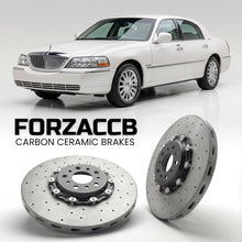 ForzaCCB direct OEM replacement carbon ceramic brake rotors for 2005-2011) Lincoln Town Car III (FN145 models, shown with a white Lincoln Town Car car.