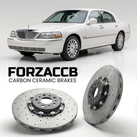 ForzaCCB direct OEM replacement carbon ceramic brake rotors for 2005-2011) Lincoln Town Car III (FN145 models, shown with a white Lincoln Town Car car.