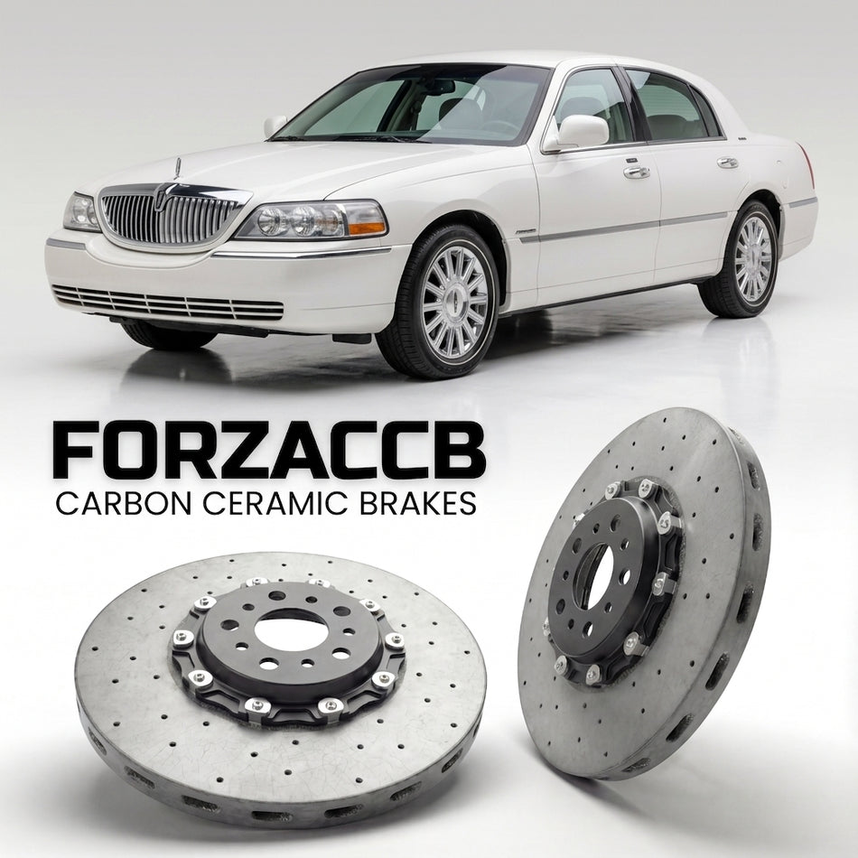ForzaCCB direct OEM replacement carbon ceramic brake rotors for 2005-2011) Lincoln Town Car III (FN145 models, shown with a white Lincoln Town Car car.
