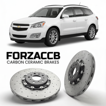 ForzaCCB direct OEM replacement carbon ceramic brake rotors for 2009 to 2012 Chevrolet Traverse I models, shown with a white Chevrolet Traverse car.