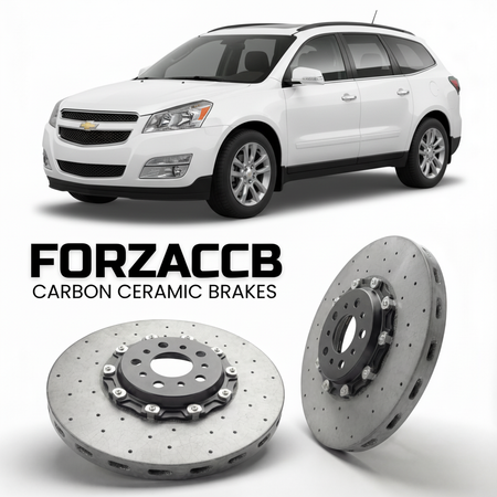 ForzaCCB direct OEM replacement carbon ceramic brake rotors for 2009 to 2012 Chevrolet Traverse I models, shown with a white Chevrolet Traverse car.