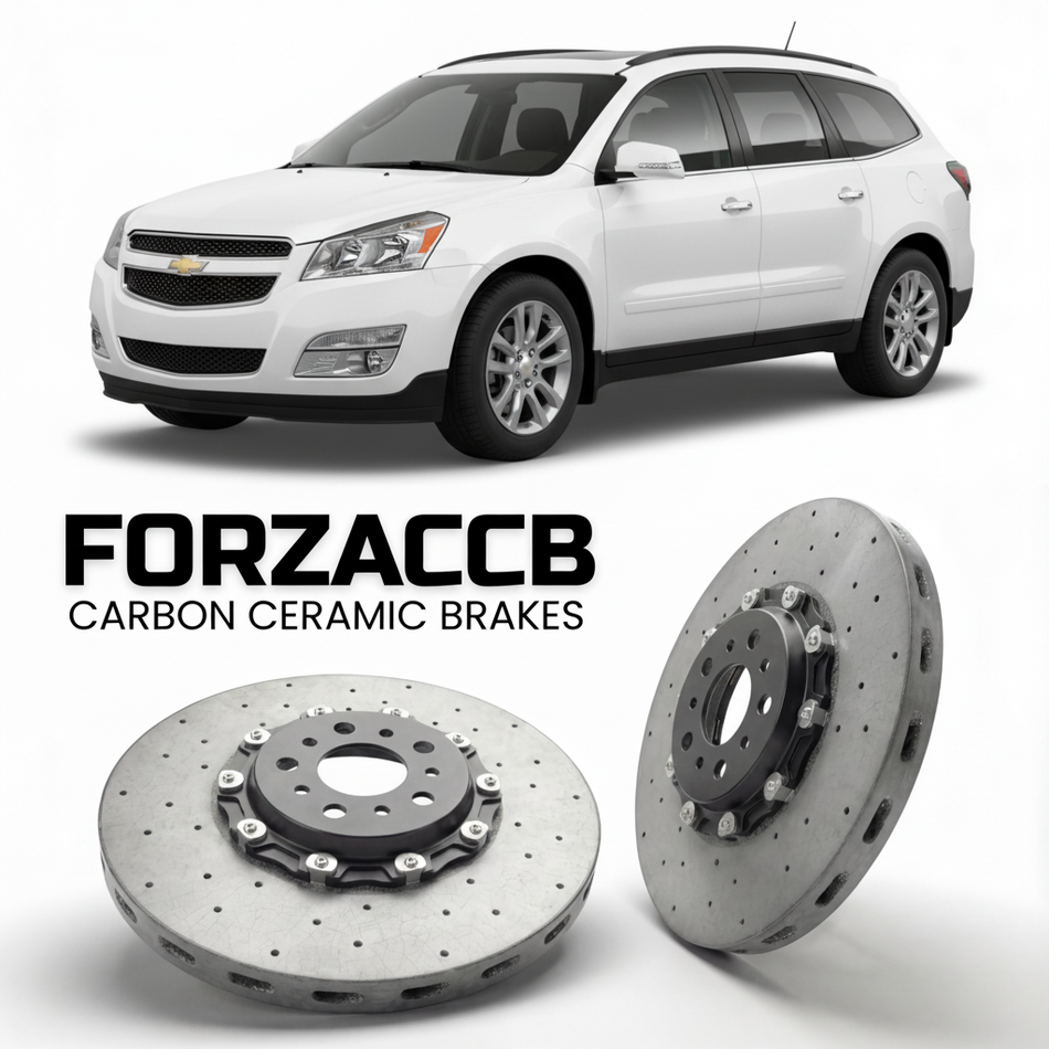 ForzaCCB direct OEM replacement carbon ceramic brake rotors for 2009 to 2012 Chevrolet Traverse I models, shown with a white Chevrolet Traverse car.