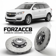 ForzaCCB direct OEM replacement carbon ceramic brake rotors for 2012-2017) Chevrolet Traverse I (facelift 2012 models, shown with a white Chevrolet Traverse car.