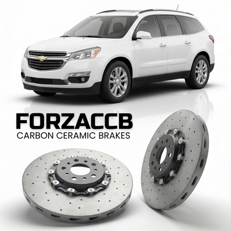 ForzaCCB direct OEM replacement carbon ceramic brake rotors for 2012-2017) Chevrolet Traverse I (facelift 2012 models, shown with a white Chevrolet Traverse car.