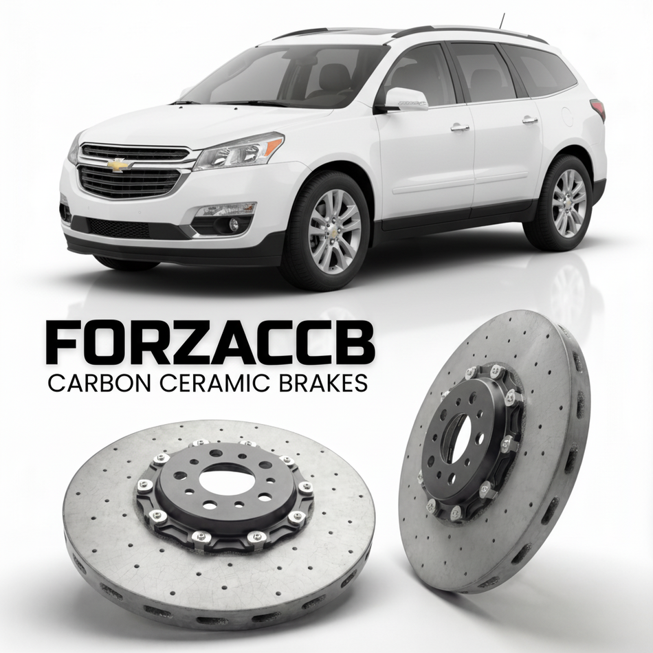 ForzaCCB direct OEM replacement carbon ceramic brake rotors for 2012-2017) Chevrolet Traverse I (facelift 2012 models, shown with a white Chevrolet Traverse car.
