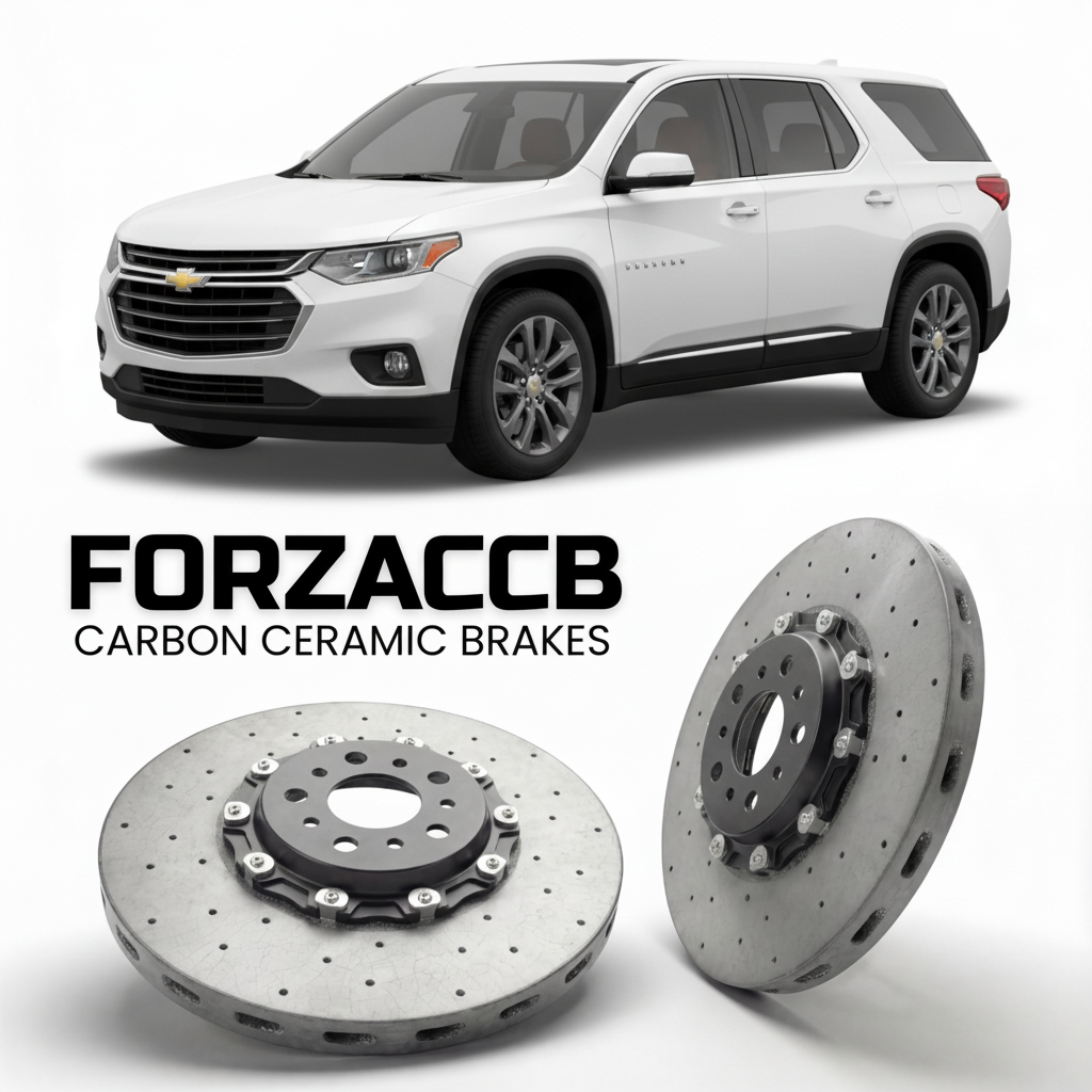 ForzaCCB direct OEM replacement carbon ceramic brake rotors for 2018 to 2021 Chevrolet Traverse II models, shown with a white Chevrolet Traverse car.