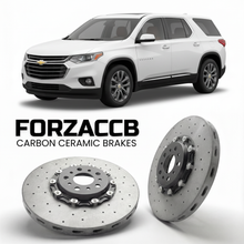 ForzaCCB direct OEM replacement carbon ceramic brake rotors for 2018 to 2021 Chevrolet Traverse II models, shown with a white Chevrolet Traverse car.