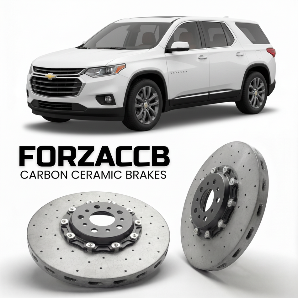 ForzaCCB direct OEM replacement carbon ceramic brake rotors for 2018 to 2021 Chevrolet Traverse II models, shown with a white Chevrolet Traverse car.