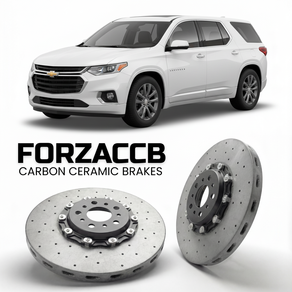 ForzaCCB direct OEM replacement carbon ceramic brake rotors for 2021-2024) Chevrolet Traverse II (facelift 2021 models, shown with a white Chevrolet Traverse car.