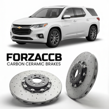 ForzaCCB direct OEM replacement carbon ceramic brake rotors for 2021-2024) Chevrolet Traverse II (facelift 2021 models, shown with a white Chevrolet Traverse car.