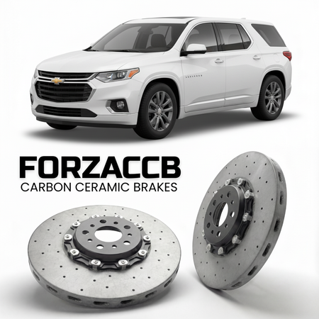 ForzaCCB direct OEM replacement carbon ceramic brake rotors for 2021-2024) Chevrolet Traverse II (facelift 2021 models, shown with a white Chevrolet Traverse car.