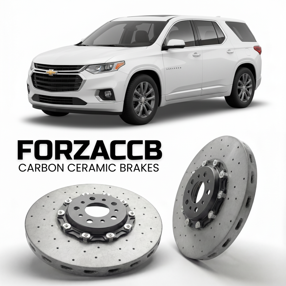ForzaCCB direct OEM replacement carbon ceramic brake rotors for 2021-2024) Chevrolet Traverse II (facelift 2021 models, shown with a white Chevrolet Traverse car.