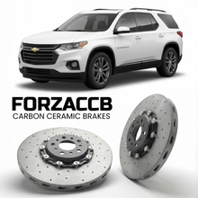 ForzaCCB direct OEM replacement carbon ceramic brake rotors for 2024 and newer Chevrolet Traverse III models, shown with a white Chevrolet Traverse car.
