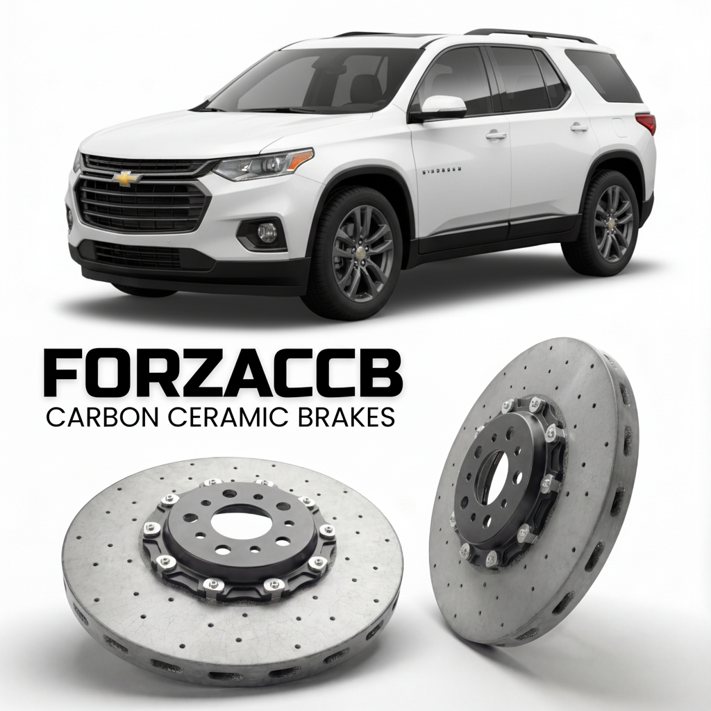 ForzaCCB direct OEM replacement carbon ceramic brake rotors for 2024 and newer Chevrolet Traverse III models, shown with a white Chevrolet Traverse car.