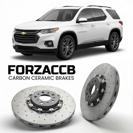ForzaCCB direct OEM replacement carbon ceramic brake rotors for 2024 and newer Chevrolet Traverse III models, shown with a white Chevrolet Traverse car.