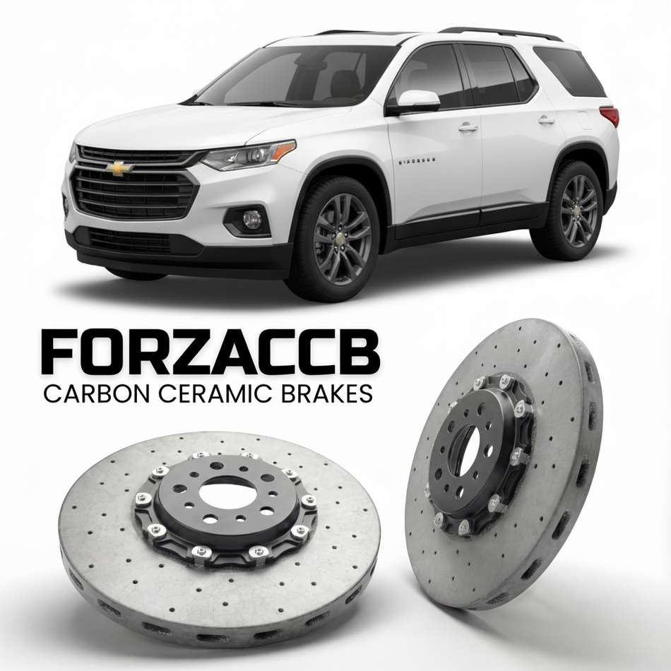 ForzaCCB direct OEM replacement carbon ceramic brake rotors for 2024 and newer Chevrolet Traverse III models, shown with a white Chevrolet Traverse car.