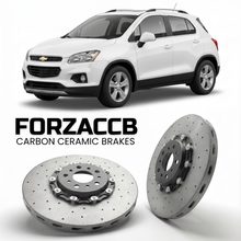 ForzaCCB direct OEM replacement carbon ceramic brake rotors for 2013 to 2017 Chevrolet Trax I models, shown with a white Chevrolet Trax car.