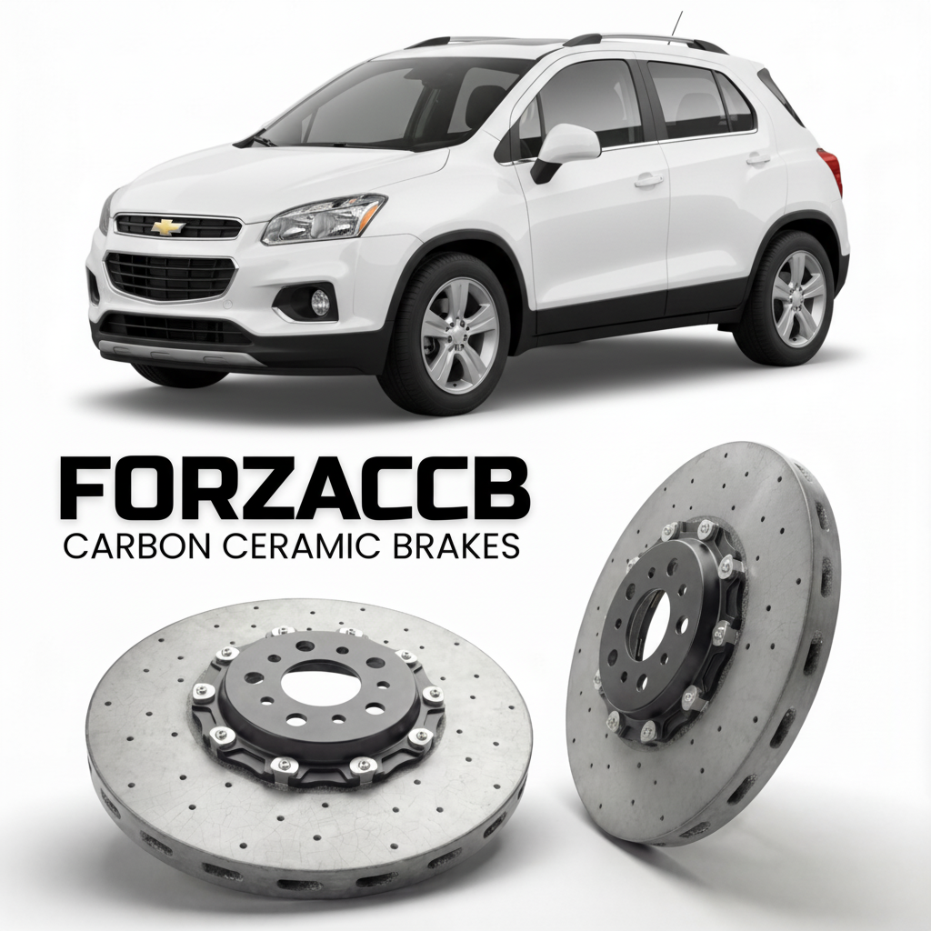 ForzaCCB direct OEM replacement carbon ceramic brake rotors for 2013 to 2017 Chevrolet Trax I models, shown with a white Chevrolet Trax car.