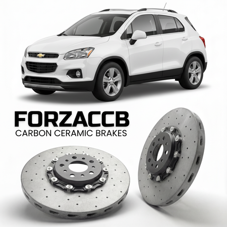 ForzaCCB direct OEM replacement carbon ceramic brake rotors for 2013 to 2017 Chevrolet Trax I models, shown with a white Chevrolet Trax car.