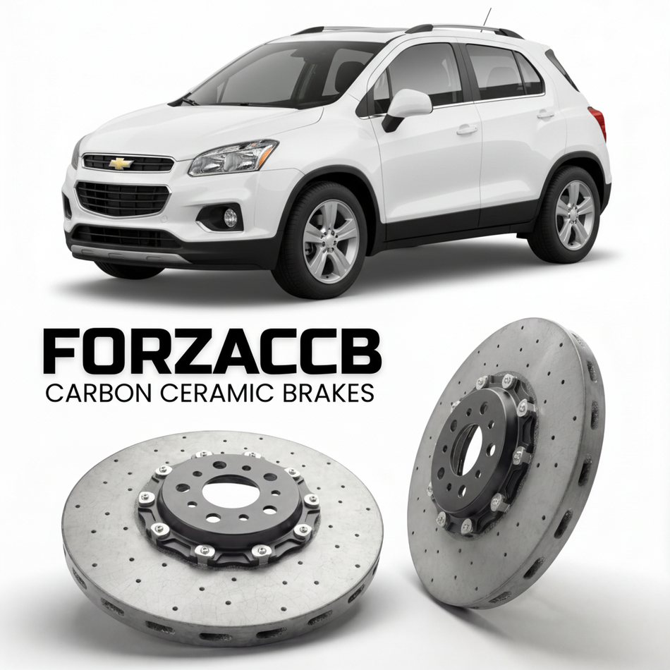 ForzaCCB direct OEM replacement carbon ceramic brake rotors for 2013 to 2017 Chevrolet Trax I models, shown with a white Chevrolet Trax car.