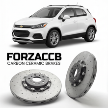 ForzaCCB direct OEM replacement carbon ceramic brake rotors for 2017-2022) Chevrolet Trax I (facelift 2017 models, shown with a white Chevrolet Trax car.