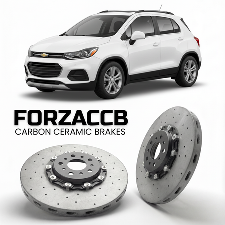 ForzaCCB direct OEM replacement carbon ceramic brake rotors for 2017-2022) Chevrolet Trax I (facelift 2017 models, shown with a white Chevrolet Trax car.