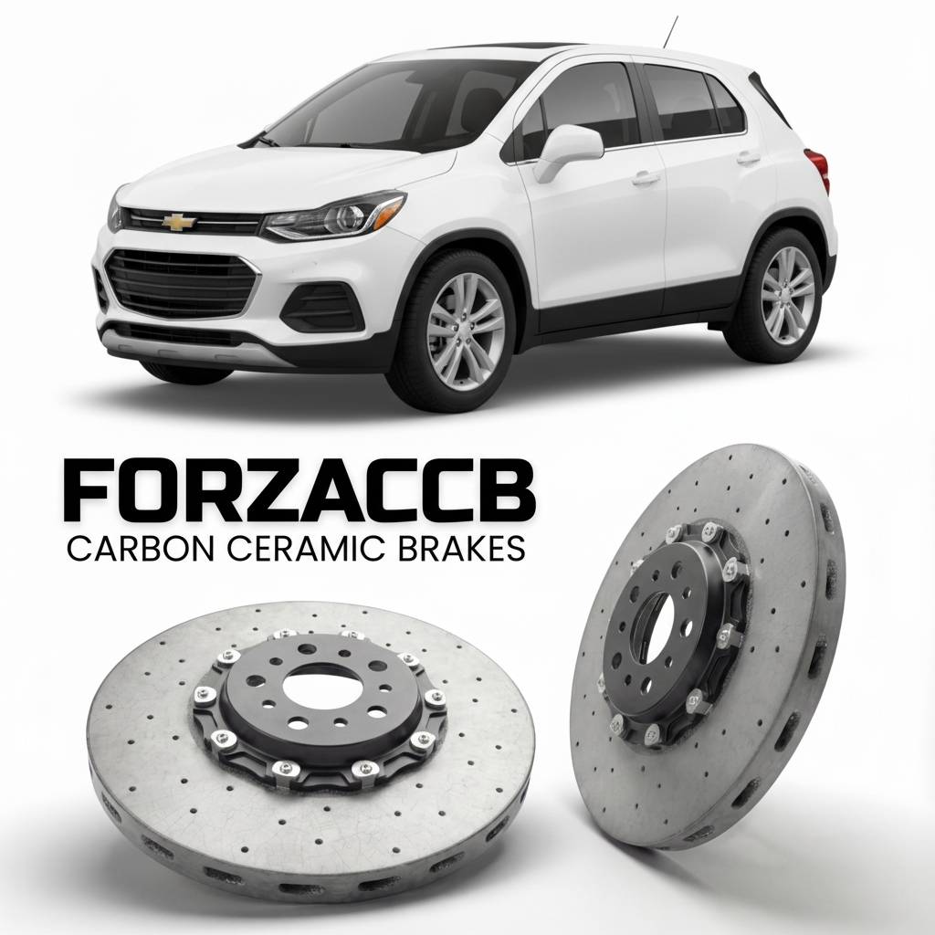 ForzaCCB direct OEM replacement carbon ceramic brake rotors for 2022 and newer Chevrolet Trax II models, shown with a white Chevrolet Trax car.
