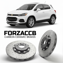 ForzaCCB direct OEM replacement carbon ceramic brake rotors for 2022 and newer Chevrolet Trax II models, shown with a white Chevrolet Trax car.