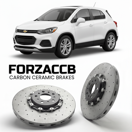 ForzaCCB direct OEM replacement carbon ceramic brake rotors for 2022 and newer Chevrolet Trax II models, shown with a white Chevrolet Trax car.