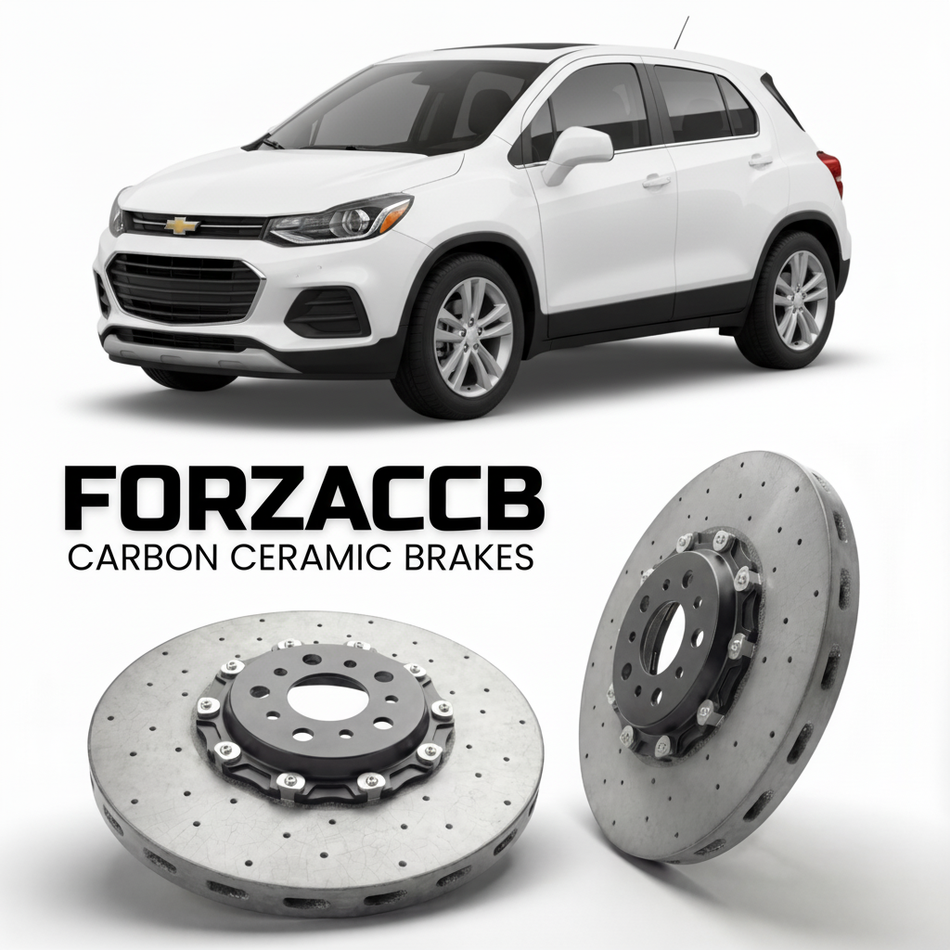 ForzaCCB direct OEM replacement carbon ceramic brake rotors for 2022 and newer Chevrolet Trax II models, shown with a white Chevrolet Trax car.