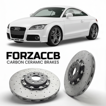 ForzaCCB direct OEM replacement carbon ceramic brake rotors for 2006 to 2014 Audi TT Mk2 models, shown with a white Audi TT car.