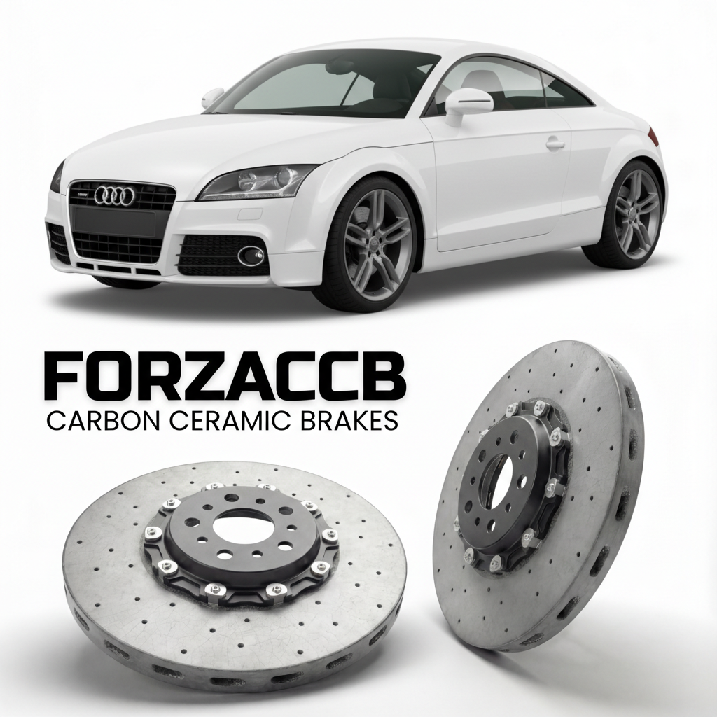 ForzaCCB direct OEM replacement carbon ceramic brake rotors for 2006 to 2014 Audi TT Mk2 models, shown with a white Audi TT car.