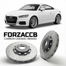 ForzaCCB direct OEM replacement carbon ceramic brake rotors for 2014 to 2023 Audi TT Mk3 models, shown with a white Audi TT car.