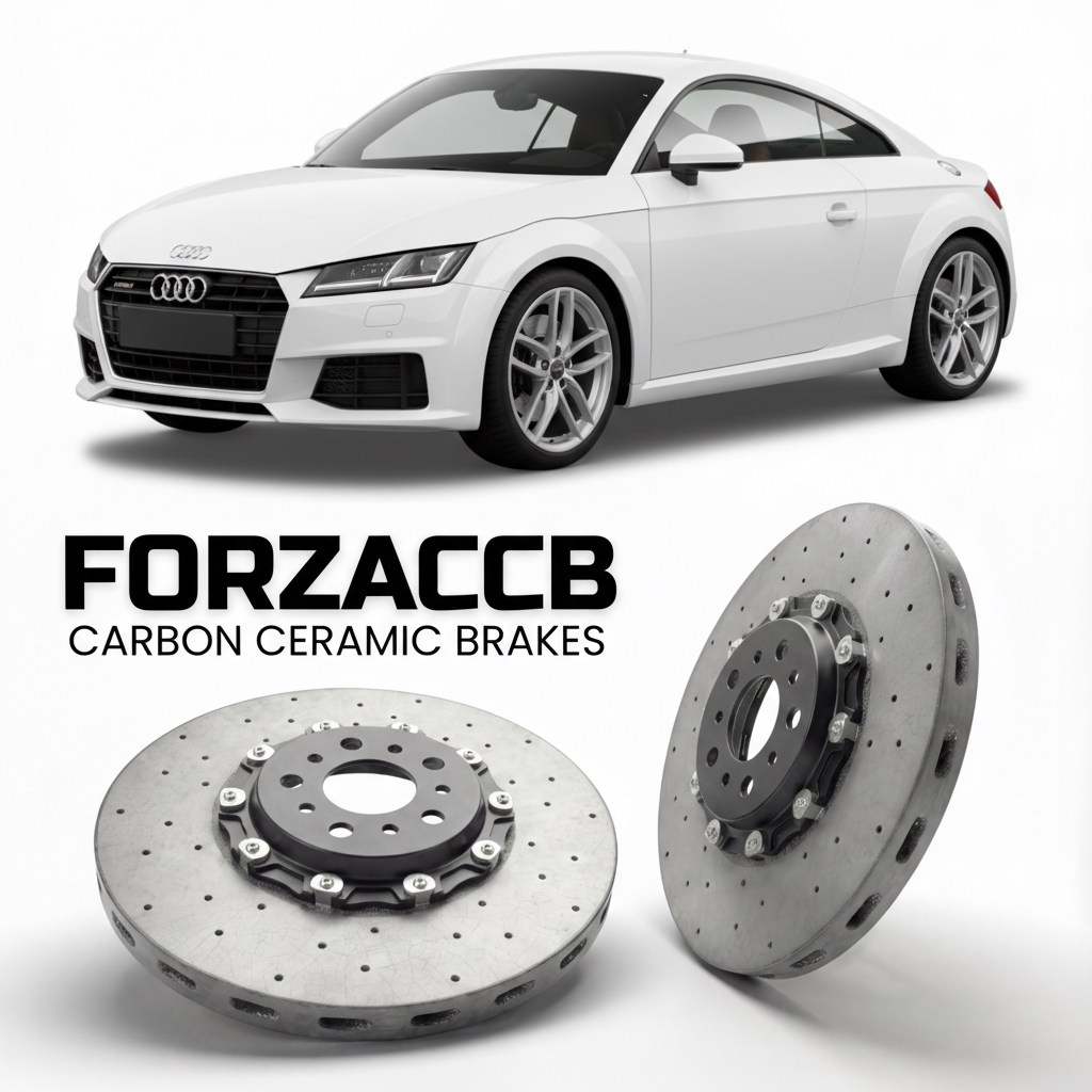 ForzaCCB direct OEM replacement carbon ceramic brake rotors for 2014 to 2023 Audi TT Mk3 models, shown with a white Audi TT car.