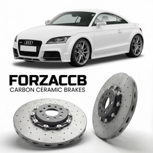 ForzaCCB direct OEM replacement carbon ceramic brake rotors for 2009 to 2014 Audi TT RS Mk2 models, shown with a white Audi TT RS car.