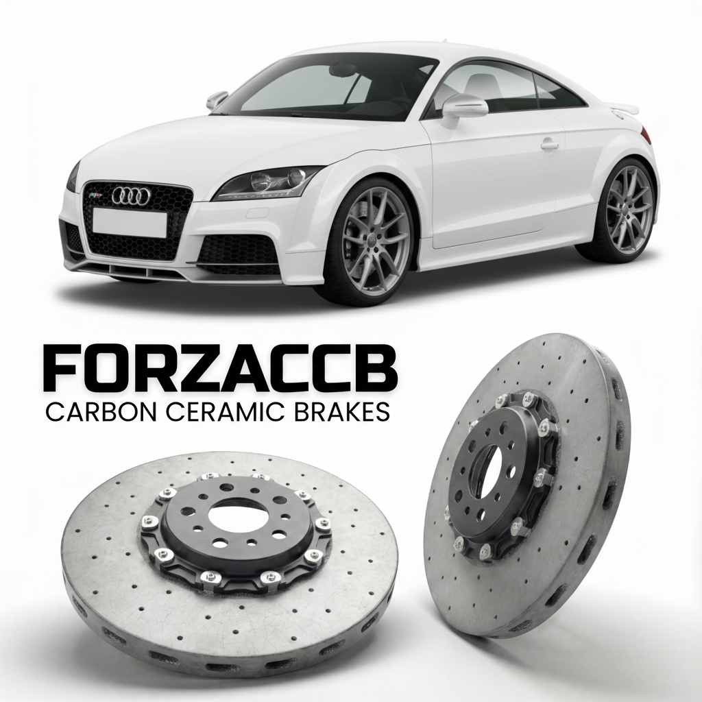 ForzaCCB direct OEM replacement carbon ceramic brake rotors for 2009 to 2014 Audi TT RS Mk2 models, shown with a white Audi TT RS car.