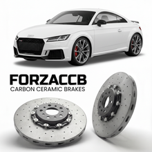 ForzaCCB direct OEM replacement carbon ceramic brake rotors for 2016 to 2023 Audi TT RS Mk3 models, shown with a white Audi TT RS car.