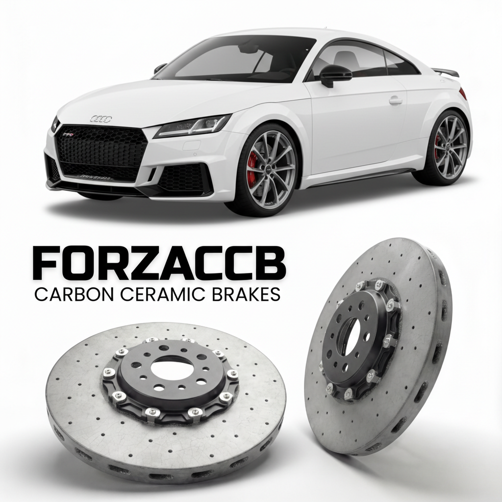 ForzaCCB direct OEM replacement carbon ceramic brake rotors for 2016 to 2023 Audi TT RS Mk3 models, shown with a white Audi TT RS car.
