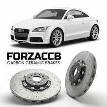 ForzaCCB direct OEM replacement carbon ceramic brake rotors for 2008 to 2014 Audi TTS Mk2 models, shown with a white Audi TTS car.