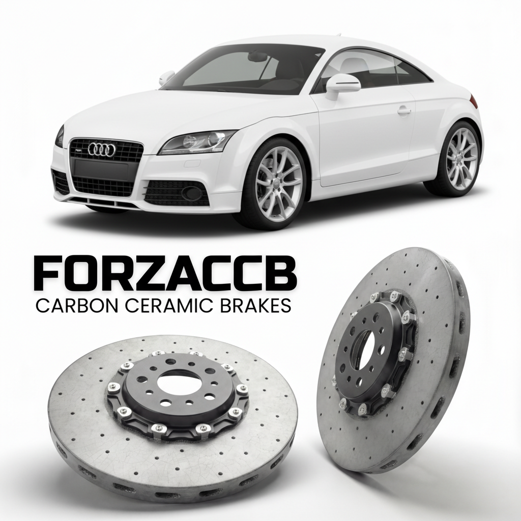 ForzaCCB direct OEM replacement carbon ceramic brake rotors for 2008 to 2014 Audi TTS Mk2 models, shown with a white Audi TTS car.
