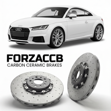 ForzaCCB direct OEM replacement carbon ceramic brake rotors for 2014 to 2023 Audi TTS Mk3 models, shown with a white Audi TTS car.