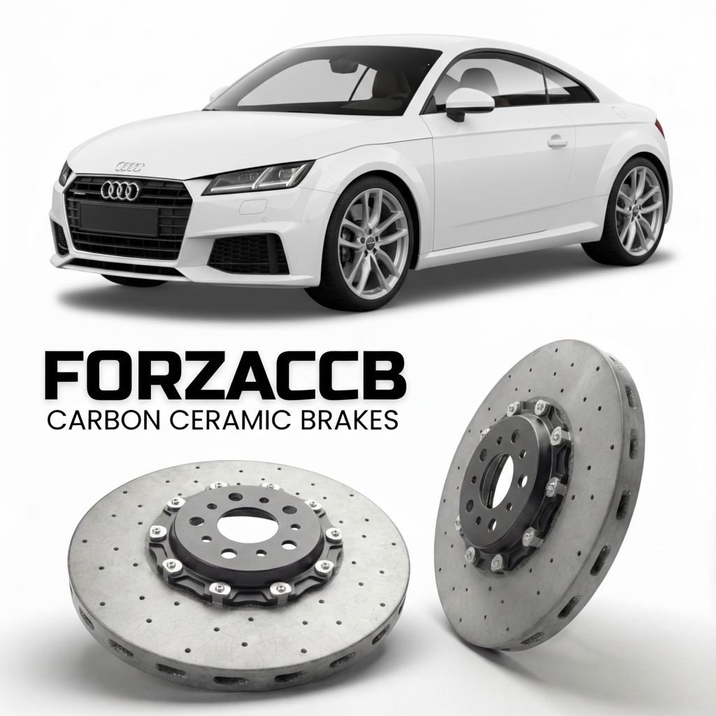 ForzaCCB direct OEM replacement carbon ceramic brake rotors for 2014 to 2023 Audi TTS Mk3 models, shown with a white Audi TTS car.