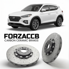 ForzaCCB direct OEM replacement carbon ceramic brake rotors for 2019 to 2026 Hyundai Tucson models, shown with a white Hyundai Tucson car.
