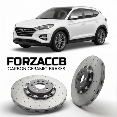 ForzaCCB direct OEM replacement carbon ceramic brake rotors for 2019 to 2026 Hyundai Tucson models, shown with a white Hyundai Tucson car.