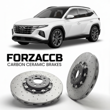 ForzaCCB direct OEM replacement carbon ceramic brake rotors for 2022 to 2026 Hyundai Tucson Hybrid models, shown with a white Hyundai Tucson Hybrid car.