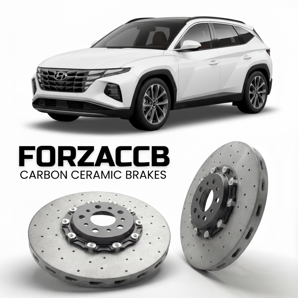 ForzaCCB direct OEM replacement carbon ceramic brake rotors for 2022 to 2026 Hyundai Tucson Hybrid models, shown with a white Hyundai Tucson Hybrid car.