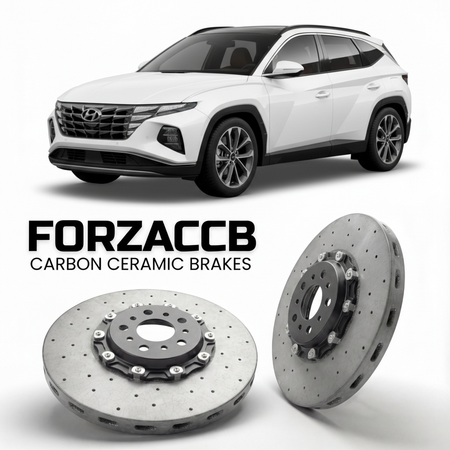 ForzaCCB direct OEM replacement carbon ceramic brake rotors for 2022 to 2026 Hyundai Tucson Hybrid models, shown with a white Hyundai Tucson Hybrid car.