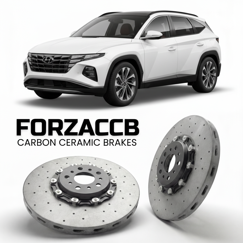 ForzaCCB direct OEM replacement carbon ceramic brake rotors for 2022 to 2026 Hyundai Tucson Plug-In Hybrid models, shown with a white Hyundai Tucson Plug-In Hybrid car.