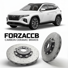 ForzaCCB direct OEM replacement carbon ceramic brake rotors for 2022 to 2026 Hyundai Tucson Plug-In Hybrid models, shown with a white Hyundai Tucson Plug-In Hybrid car.